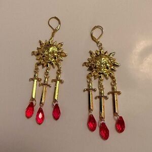 Unique Gold Sun and Red Teardrop Earrings